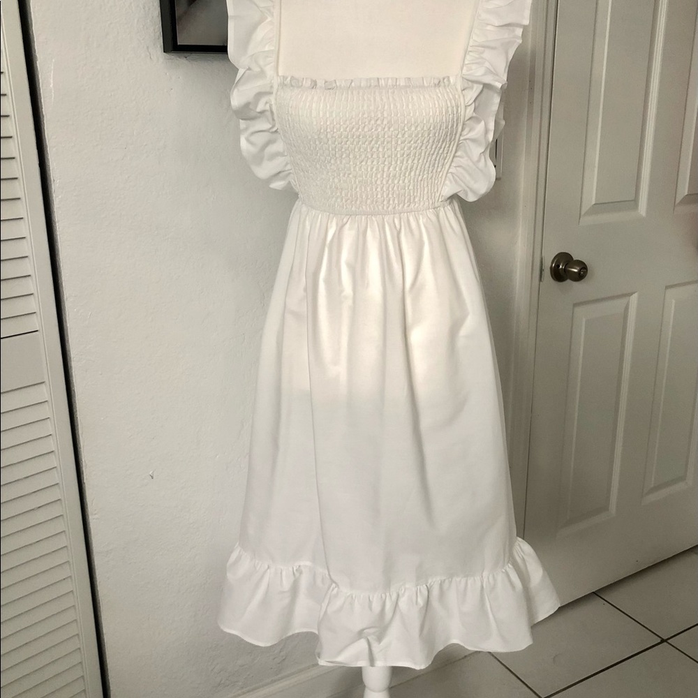 Boho white shirred tie shoulder cami semi maxi dress. Cotton fabric.